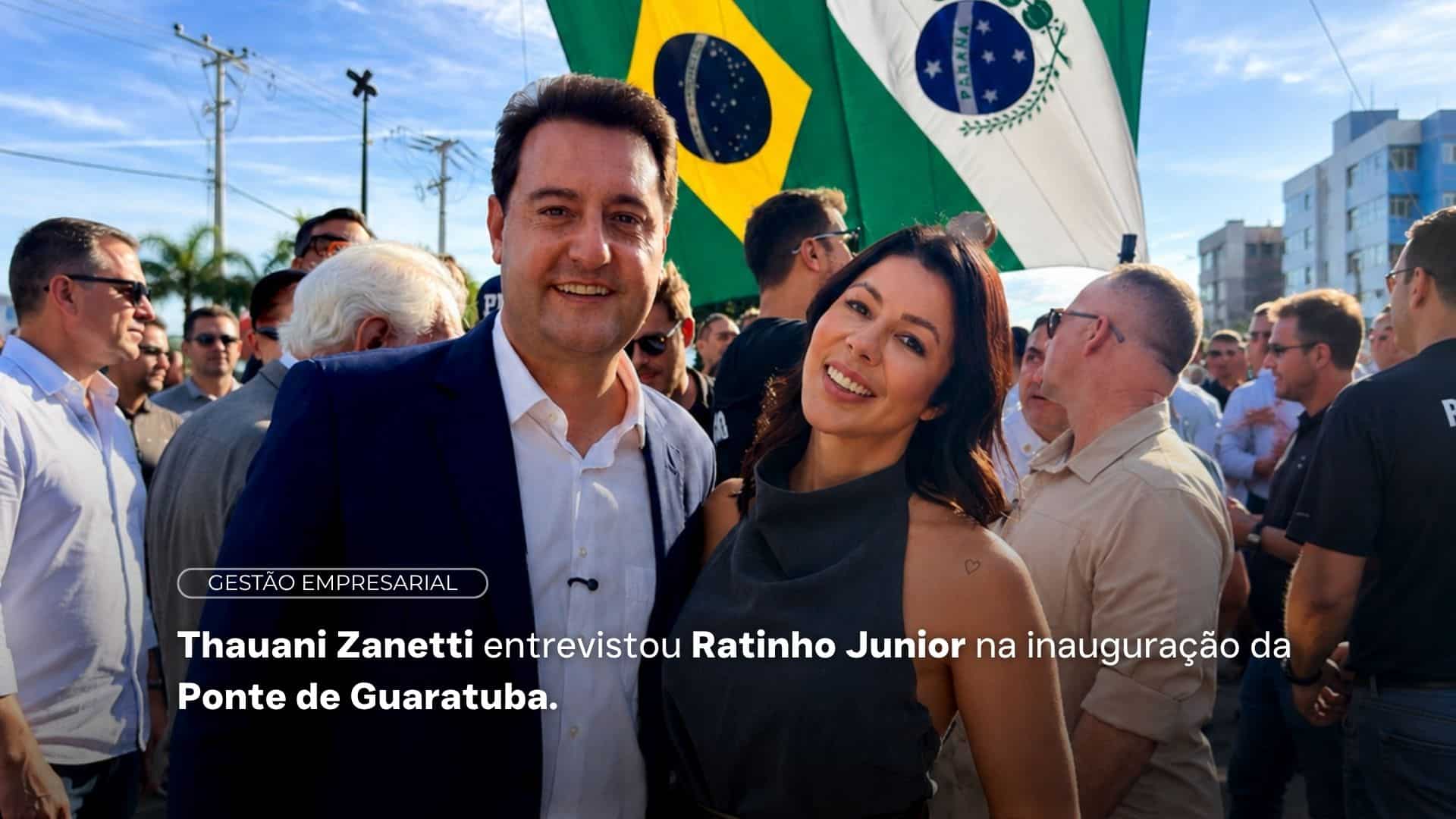 Thauani Zanetti entrevistou Ratinho Junior durante a inauguração da Ponte de Guaratuba.